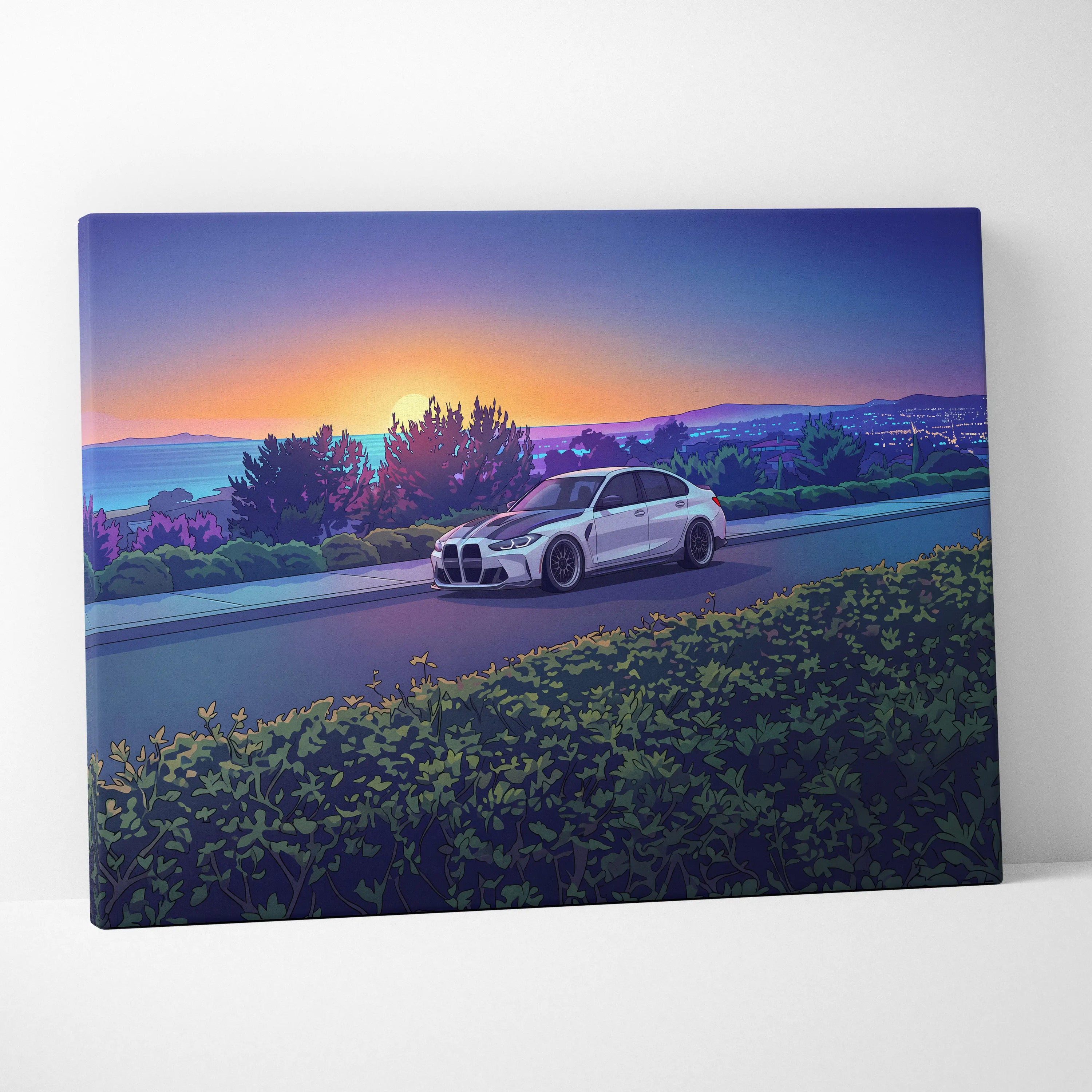 BMW M3 Inspired Vaporwave Car Canvas - Vaporwave Car Art Neon Sunset Living Room Retro Futurism Nostalgic Mood Canvas Print