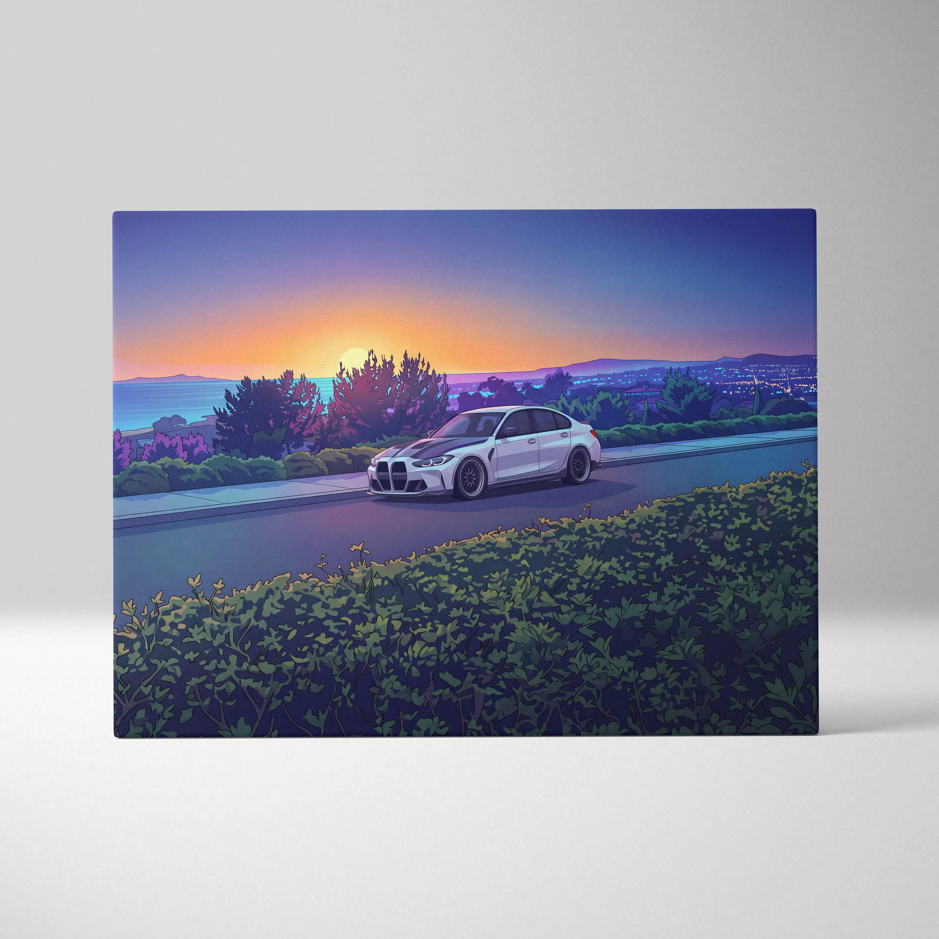 BMW M3 Inspired Vaporwave Car Canvas - Vaporwave Car Art Neon Sunset Living Room Retro Futurism Nostalgic Mood Canvas Print