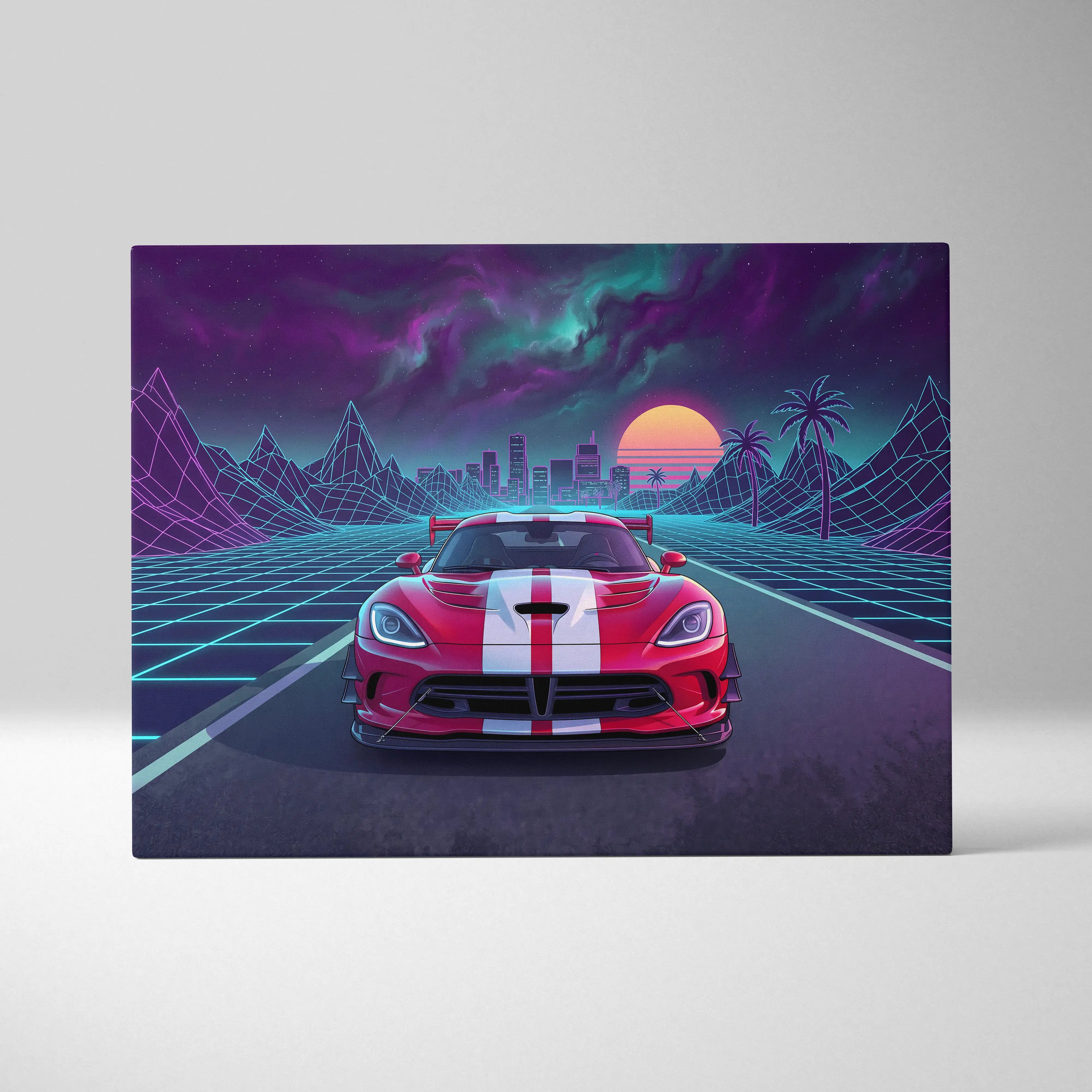 Red and white striped dodge viper acr inspired canvas with neon vaporwave racing art in pink teal purple for living room
