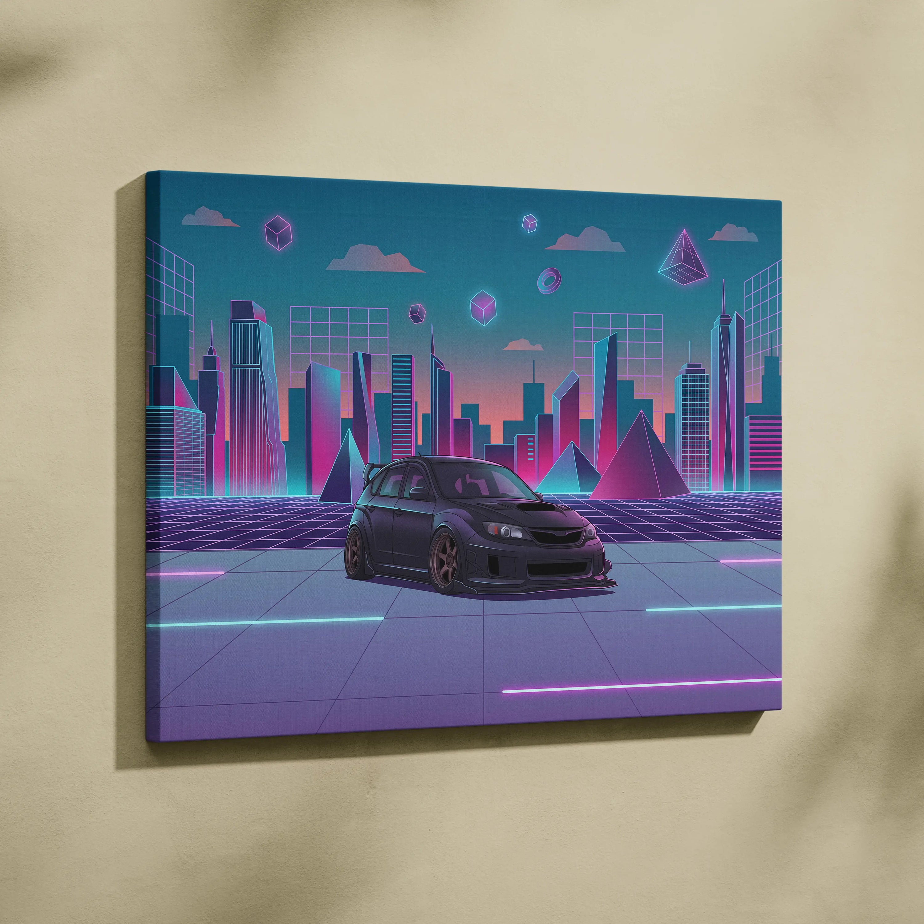 Subaru WRX STI Hatch Inspired, Neon Vaporwave City Canvas - City Pink Teal Living Room Vaporwave Nostalgia Wall Art Giclée Canvas