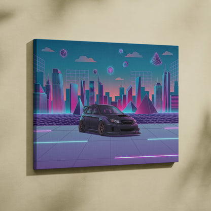 Subaru WRX STI Hatch Inspired, Neon Vaporwave City Canvas - City Pink Teal Living Room Vaporwave Nostalgia Wall Art Giclée Canvas