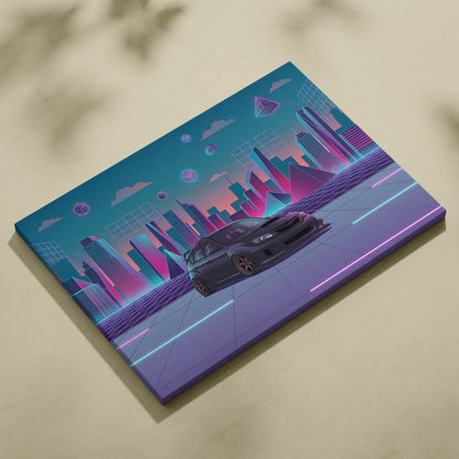 Subaru WRX STI Hatch Inspired, Neon Vaporwave City Canvas - City Pink Teal Living Room Vaporwave Nostalgia Wall Art Giclée Canvas
