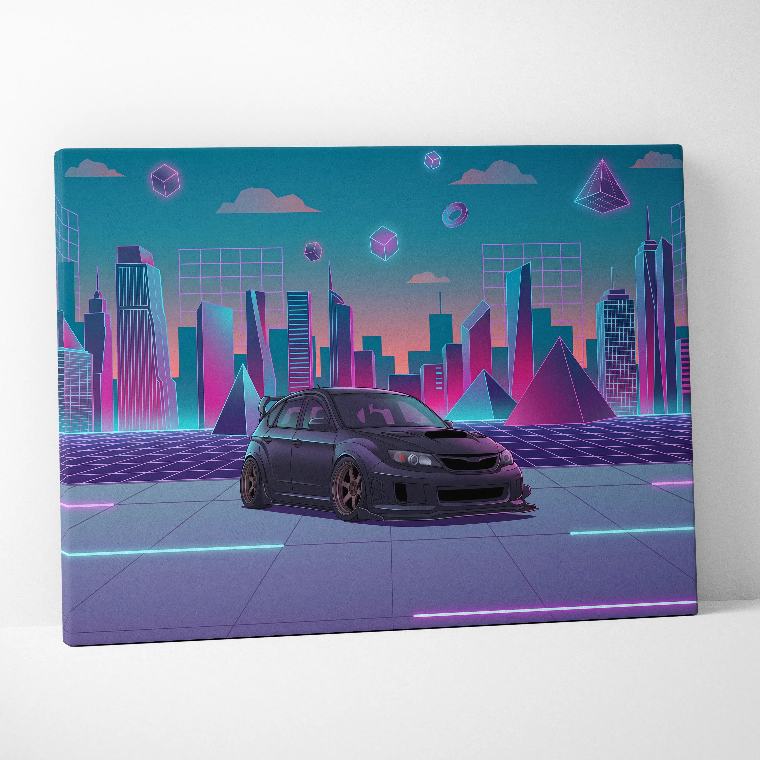 Subaru WRX STI Hatch Inspired, Neon Vaporwave City Canvas - City Pink Teal Living Room Vaporwave Nostalgia Wall Art Giclée Canvas