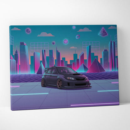 Subaru WRX STI Hatch Inspired, Neon Vaporwave City Canvas - City Pink Teal Living Room Vaporwave Nostalgia Wall Art Giclée Canvas