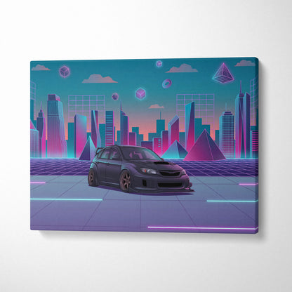 Subaru WRX STI Hatch Inspired, Neon Vaporwave City Canvas - City Pink Teal Living Room Vaporwave Nostalgia Wall Art Giclée Canvas