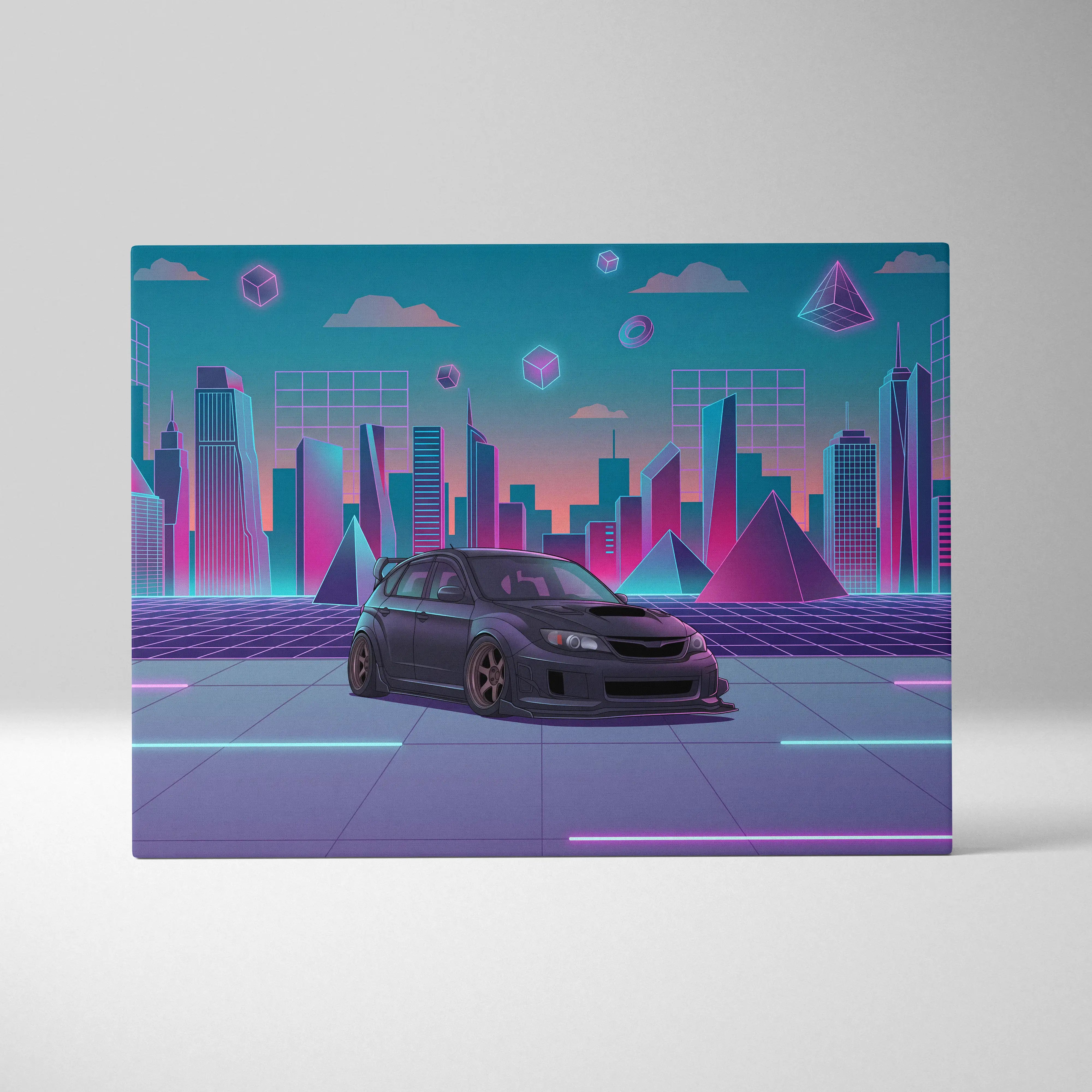 Subaru wrx sti hatch inspired giclée canvas featuring a dark gray nissan skyline r34 in a neon vaporwave cityscape