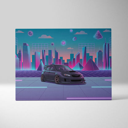 Subaru WRX STI Hatch Inspired, Neon Vaporwave City Canvas - City Pink Teal Living Room Vaporwave Nostalgia Wall Art Giclée Canvas