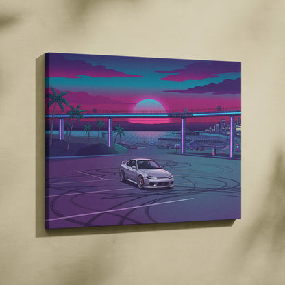 Nissan S15 Silvia Inspired Neon Retro Skyline Drive - Vaporwave Art Neon Pink Nostalgic Mood Neon City Decor Canvas Print