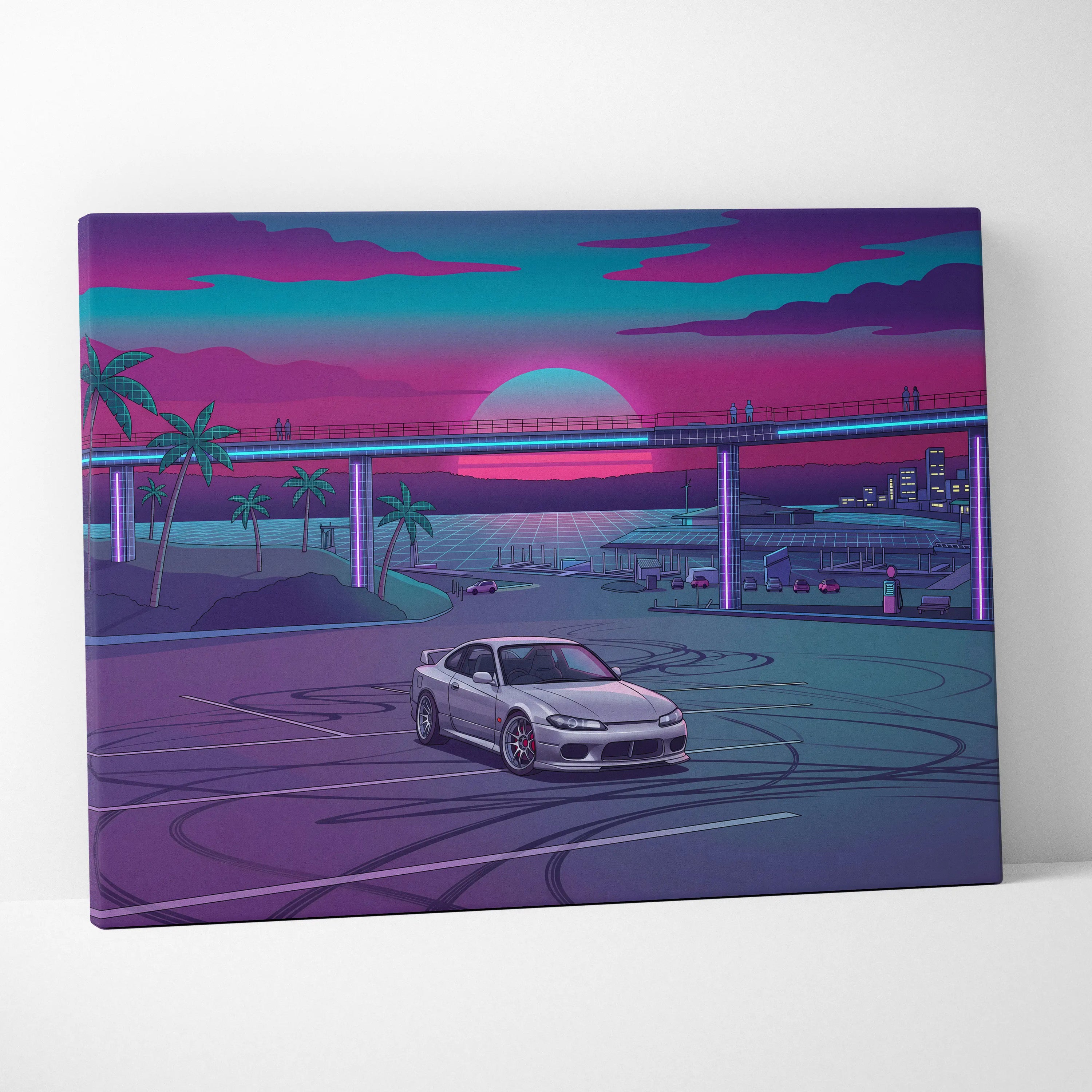Nissan S15 Silvia Inspired Neon Retro Skyline Drive - Vaporwave Art Neon Pink Nostalgic Mood Neon City Decor Canvas Print