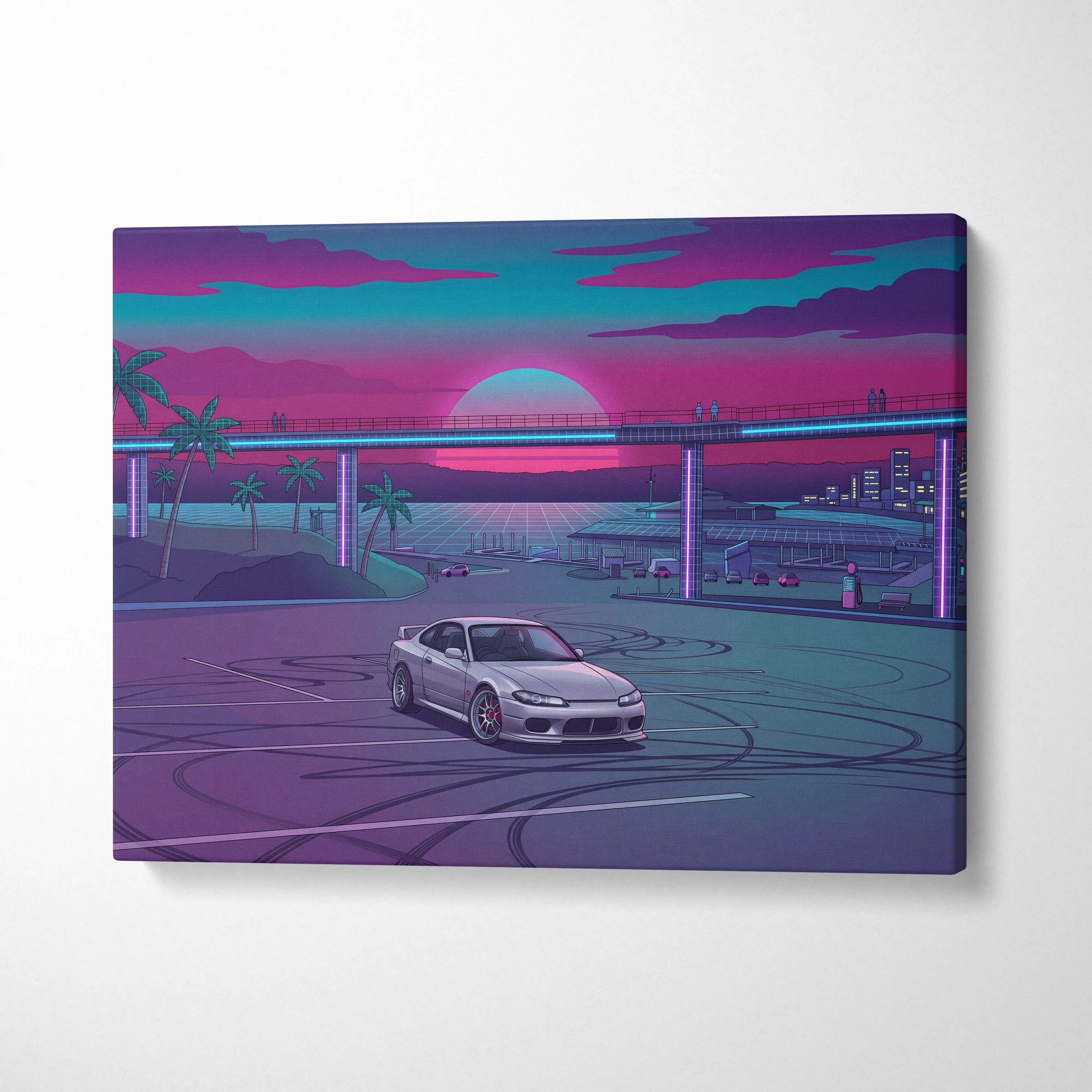 Nissan S15 Silvia Inspired Neon Retro Skyline Drive - Vaporwave Art Neon Pink Nostalgic Mood Neon City Decor Canvas Print
