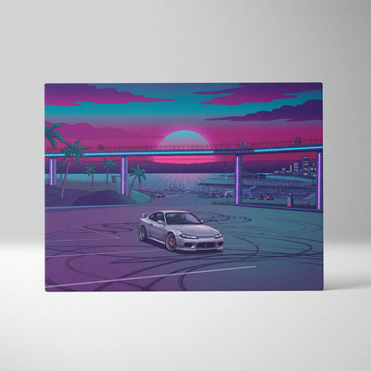 Nissan S15 Silvia Inspired Neon Retro Skyline Drive - Vaporwave Art Neon Pink Nostalgic Mood Neon City Decor Canvas Print