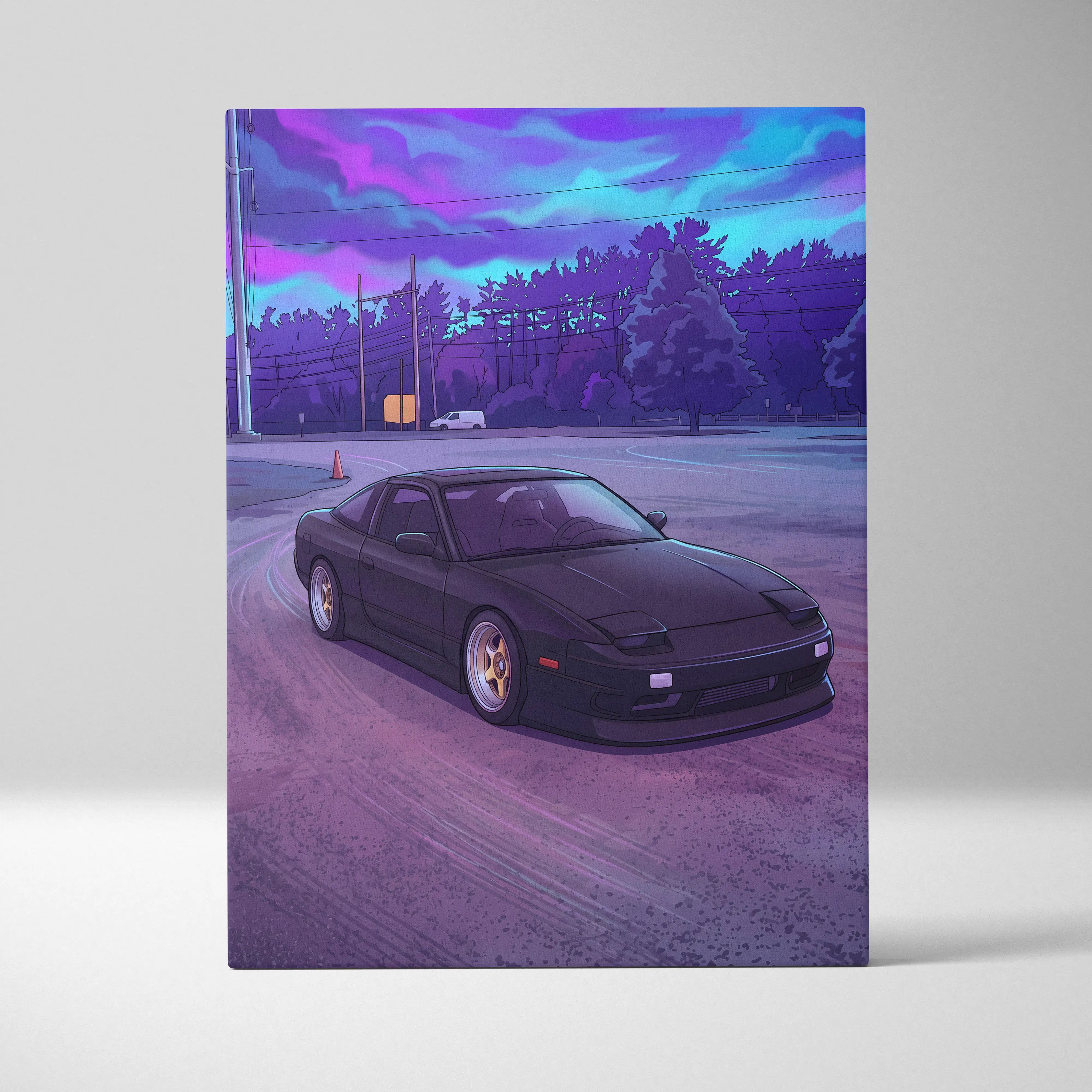Nissan 240sx inspired black canvas wall art featuring a black 180sx with gold rims under a purple blue twilight sky