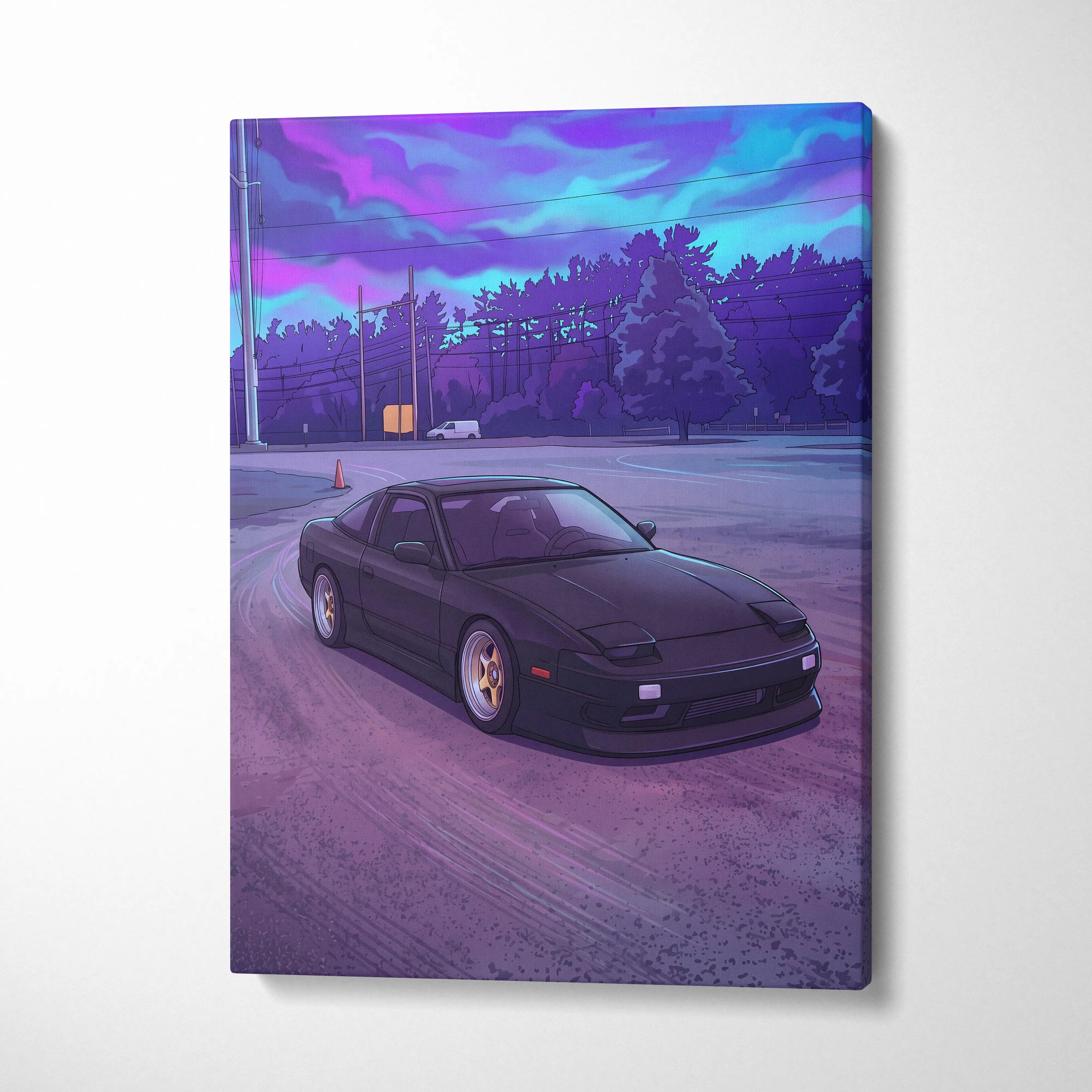 Nissan 240SX Inspired Black Purple Canvas Wall Art, Vaporwave JDM Drift Car Artwork, Neon Street Garage Decor, Retro Futuristic Print