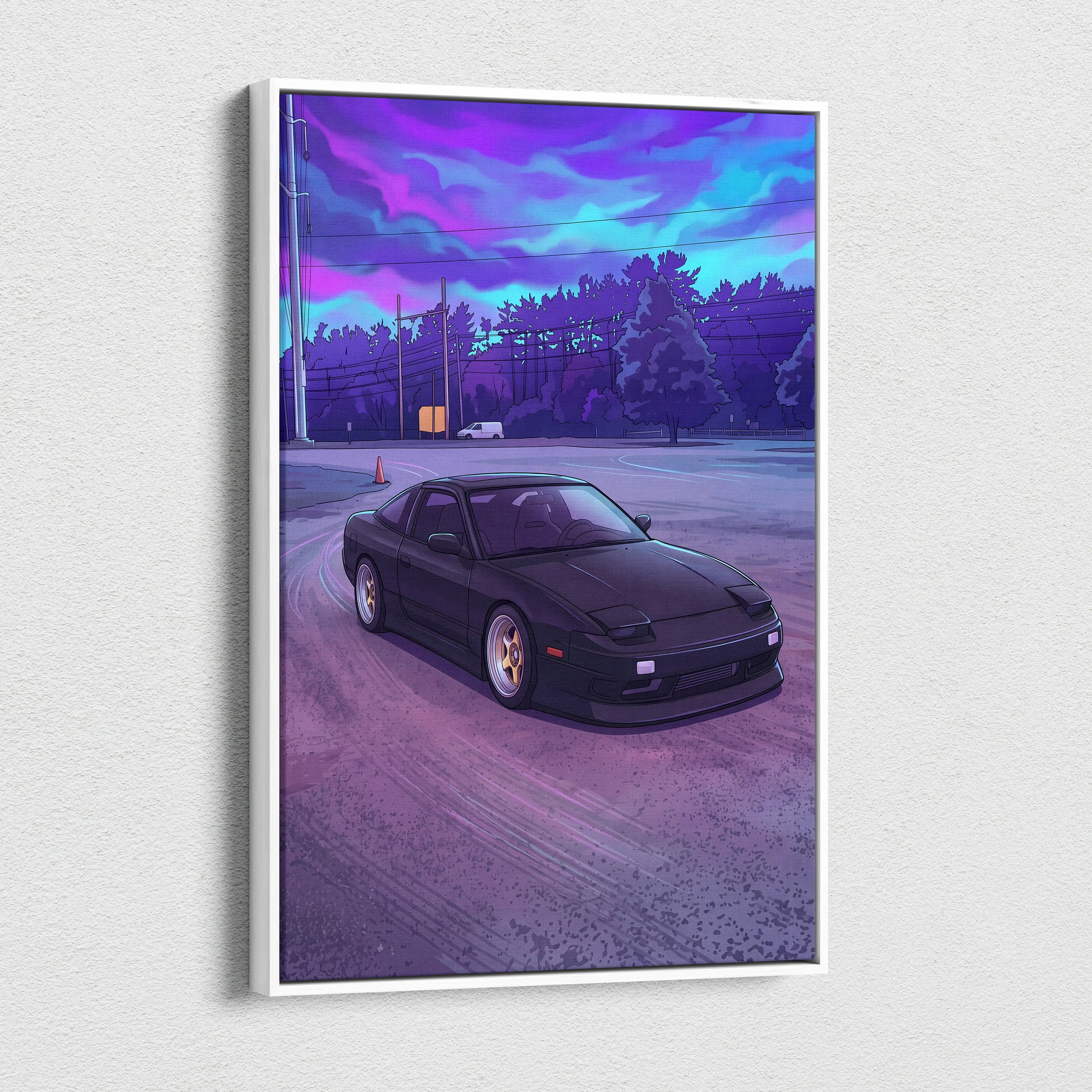 Nissan 240SX Inspired Black Purple Canvas Wall Art, Vaporwave JDM Drift Car Artwork, Neon Street Garage Decor, Retro Futuristic Print