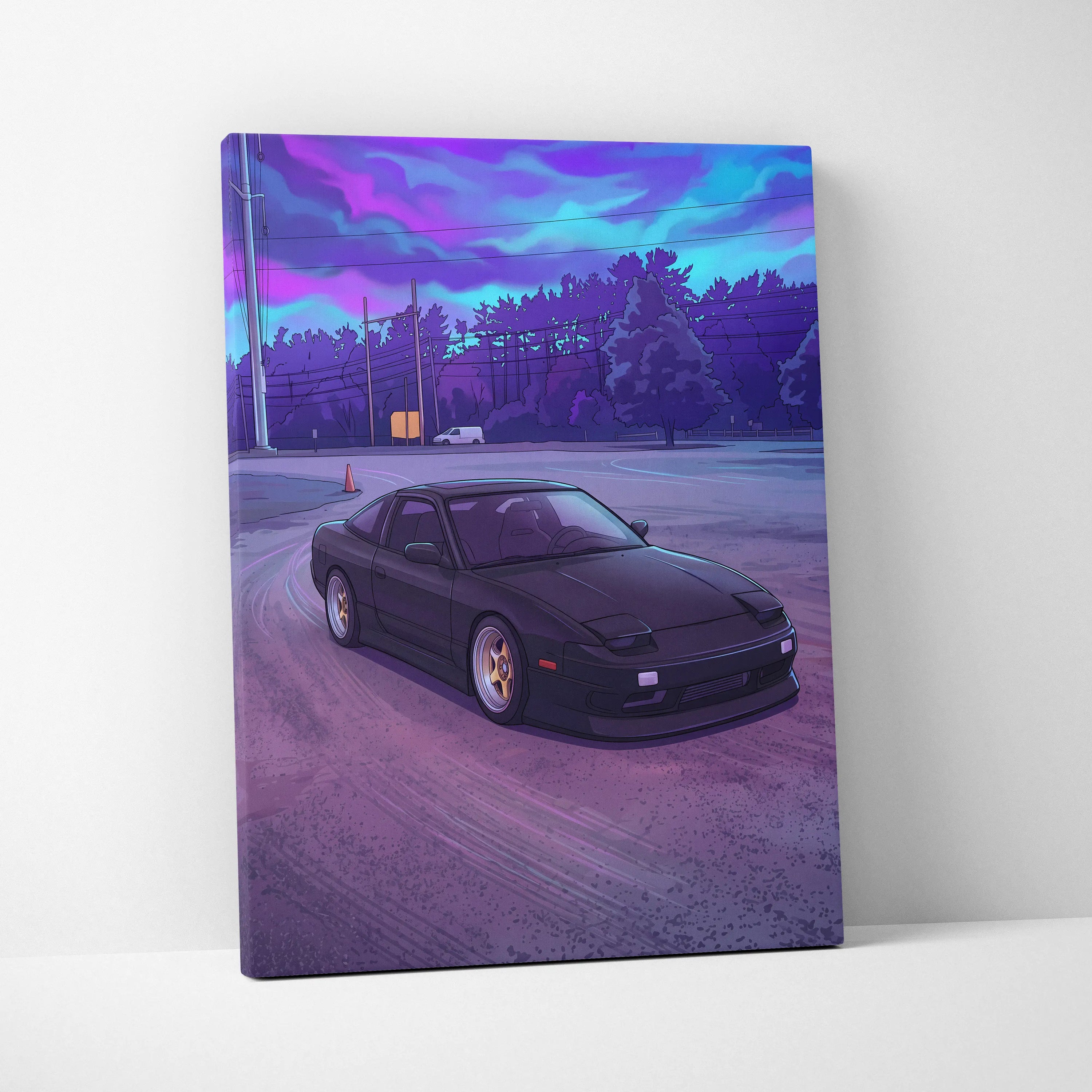 Nissan 240SX Inspired Black Purple Canvas Wall Art, Vaporwave JDM Drift Car Artwork, Neon Street Garage Decor, Retro Futuristic Print