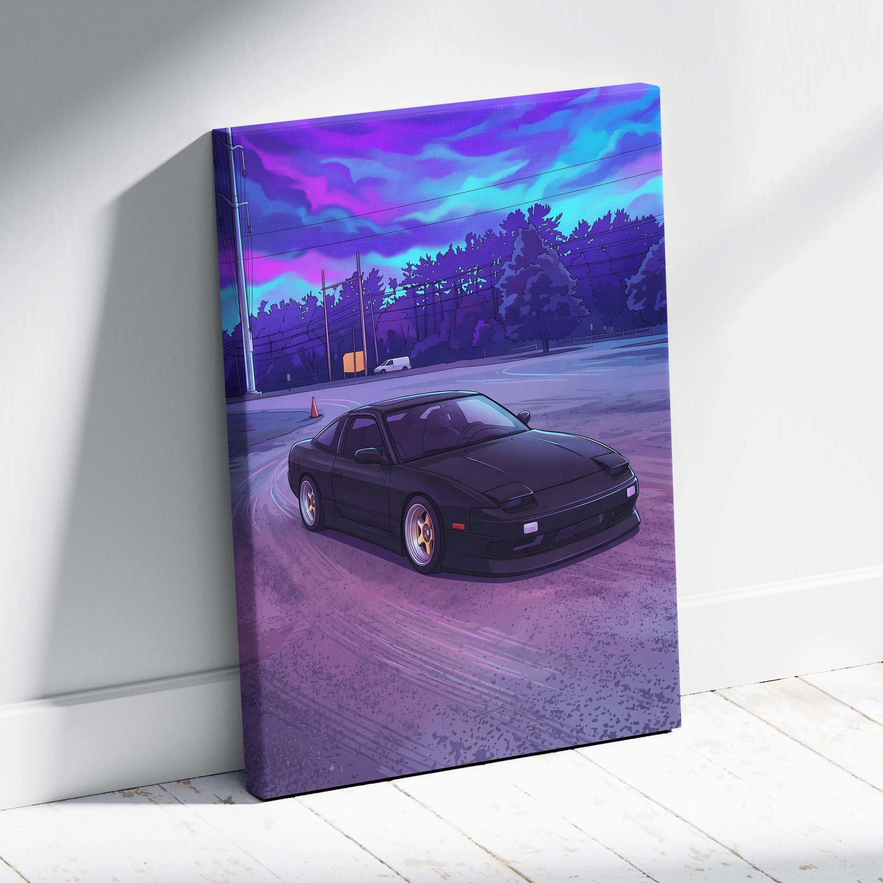 Nissan 240SX Inspired Black Purple Canvas Wall Art, Vaporwave JDM Drift Car Artwork, Neon Street Garage Decor, Retro Futuristic Print