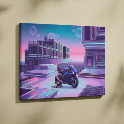 Yamaha YZF-R1 Inspired Blue Purple Vaporwave Motorcycle Canvas Wall Art Neon Cyber City Sportbike Artwork Futuristic Garage Decor