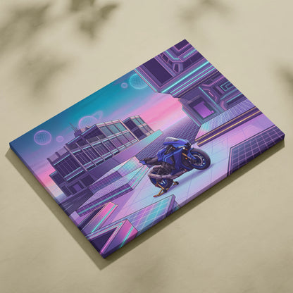 Yamaha YZF-R1 Inspired Blue Purple Vaporwave Motorcycle Canvas Wall Art Neon Cyber City Sportbike Artwork Futuristic Garage Decor