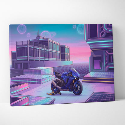 Yamaha YZF-R1 Inspired Blue Purple Vaporwave Motorcycle Canvas Wall Art Neon Cyber City Sportbike Artwork Futuristic Garage Decor