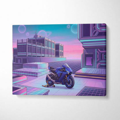 Yamaha YZF-R1 Inspired Blue Purple Vaporwave Motorcycle Canvas Wall Art Neon Cyber City Sportbike Artwork Futuristic Garage Decor