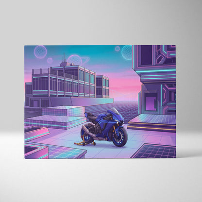 Yamaha YZF-R1 Inspired Blue Purple Vaporwave Motorcycle Canvas Wall Art Neon Cyber City Sportbike Artwork Futuristic Garage Decor