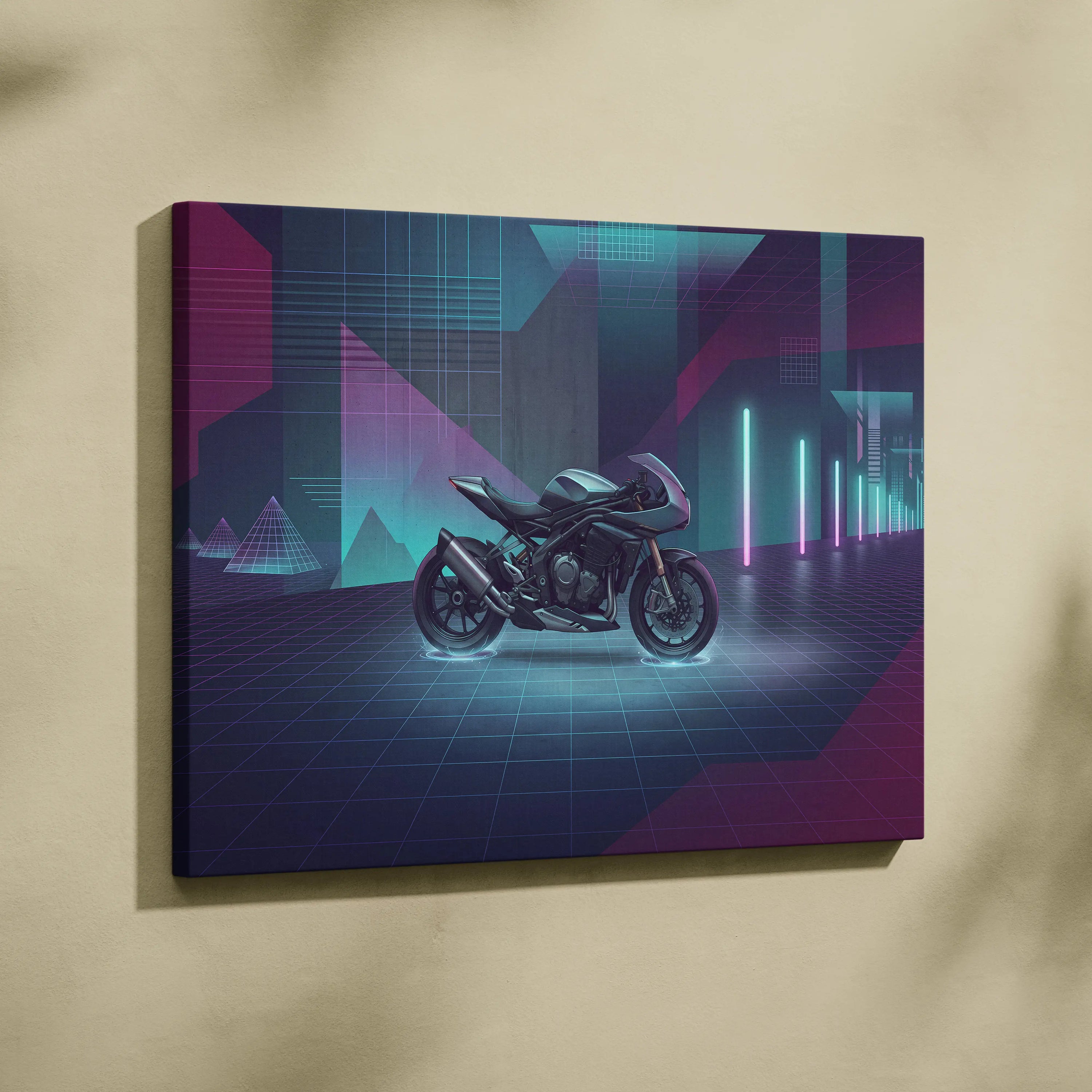 Triumph Speed Triple 1200 RR Inspired Teal Purple Motorcycle Canvas Wall Art Vaporwave Neon Garage Decor Futuristic Sportbike Print