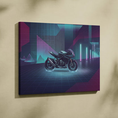 Triumph Speed Triple 1200 RR Inspired Teal Purple Motorcycle Canvas Wall Art Vaporwave Neon Garage Decor Futuristic Sportbike Print