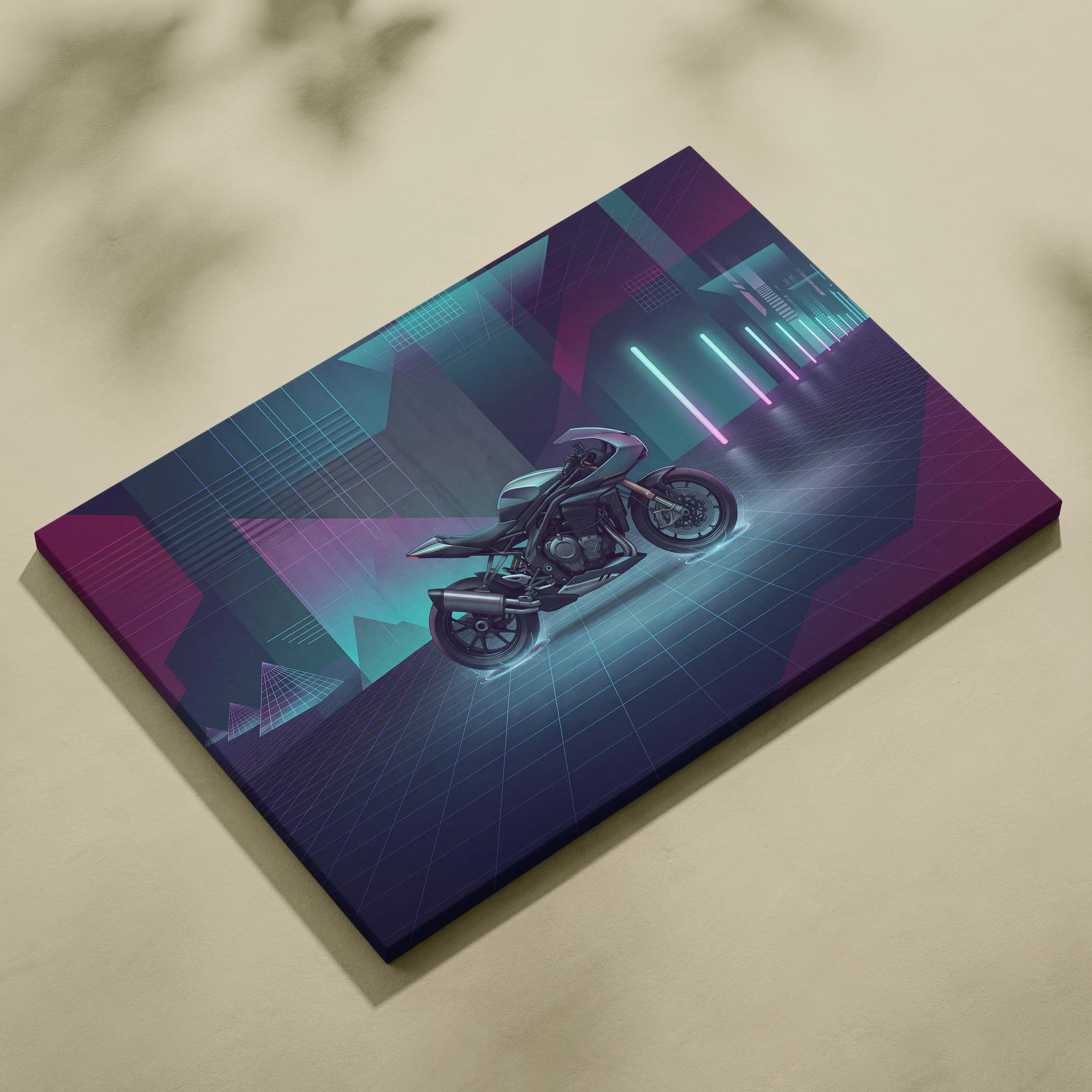 Triumph Speed Triple 1200 RR Inspired Teal Purple Motorcycle Canvas Wall Art Vaporwave Neon Garage Decor Futuristic Sportbike Print