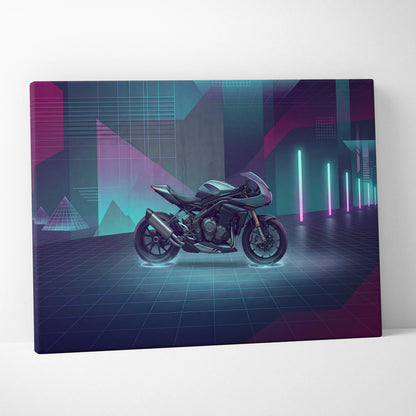 Triumph Speed Triple 1200 RR Inspired Teal Purple Motorcycle Canvas Wall Art Vaporwave Neon Garage Decor Futuristic Sportbike Print