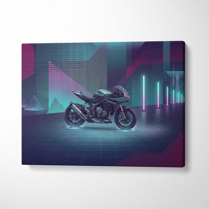 Triumph Speed Triple 1200 RR Inspired Teal Purple Motorcycle Canvas Wall Art Vaporwave Neon Garage Decor Futuristic Sportbike Print