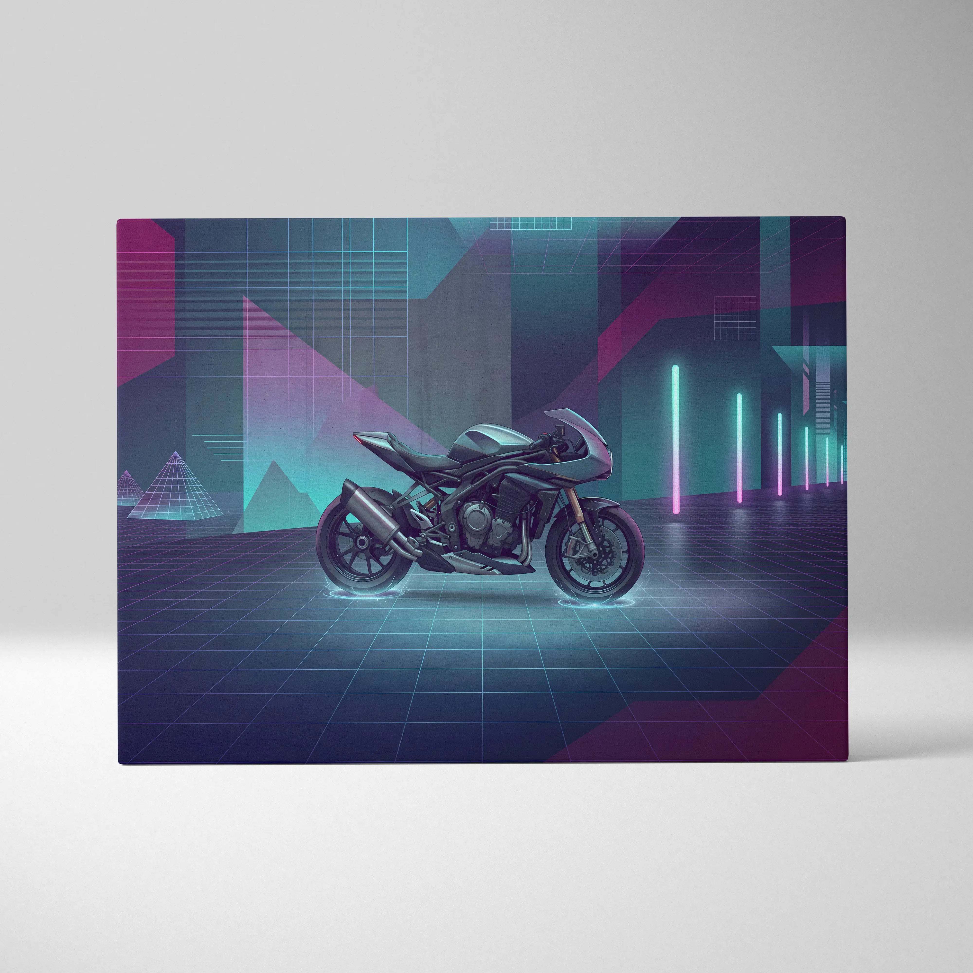 Triumph Speed Triple 1200 RR Inspired Teal Purple Motorcycle Canvas Wall Art Vaporwave Neon Garage Decor Futuristic Sportbike Print