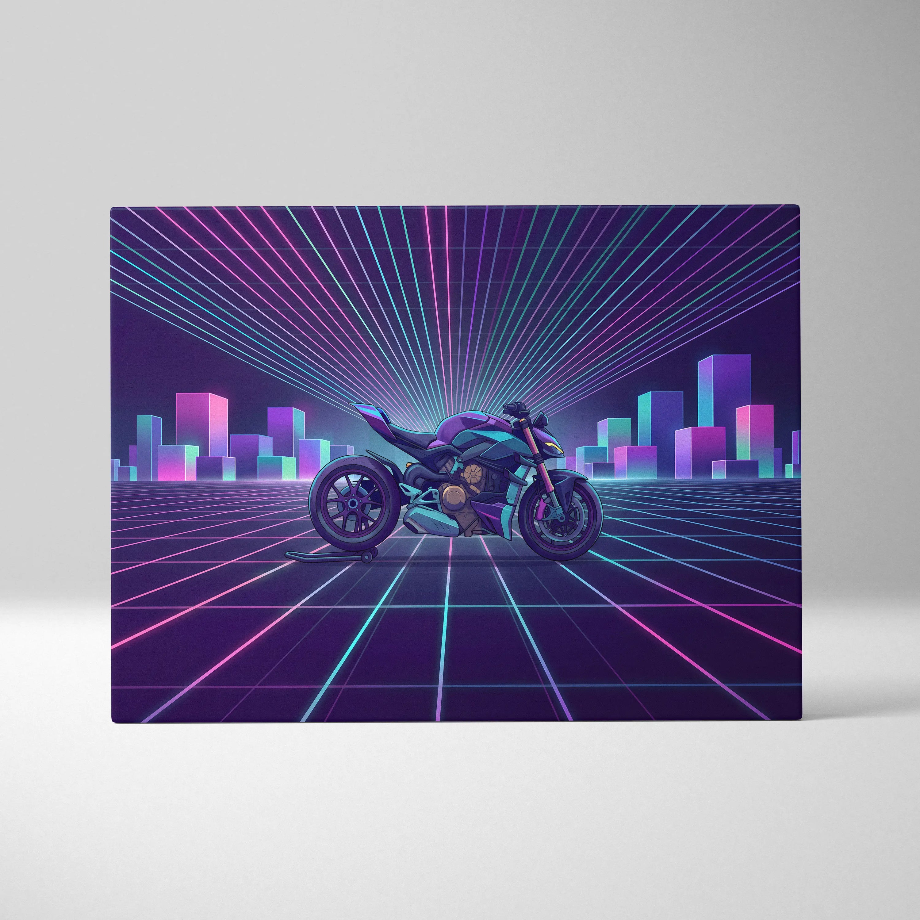 Ducati Streetfighter V4 Inspired Teal Purple Motorcycle Canvas Wall Art Vaporwave Neon Grid Superbike Artwork for Garage Decor Retro Futuristic Print
