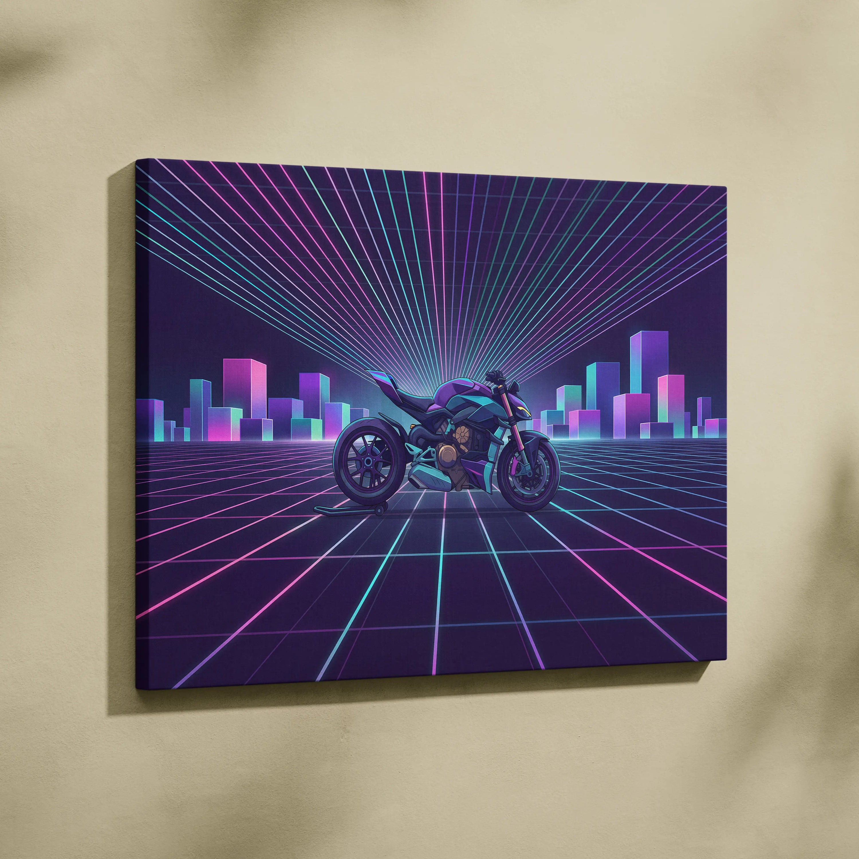 Ducati Streetfighter V4 Inspired Teal Purple Motorcycle Canvas Wall Art Vaporwave Neon Grid Superbike Artwork for Garage Decor Retro Futuristic Print