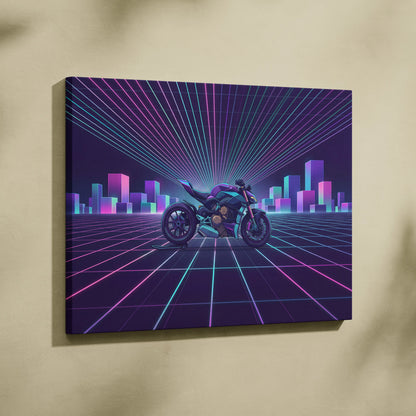 Ducati Streetfighter V4 Inspired Teal Purple Motorcycle Canvas Wall Art Vaporwave Neon Grid Superbike Artwork for Garage Decor Retro Futuristic Print