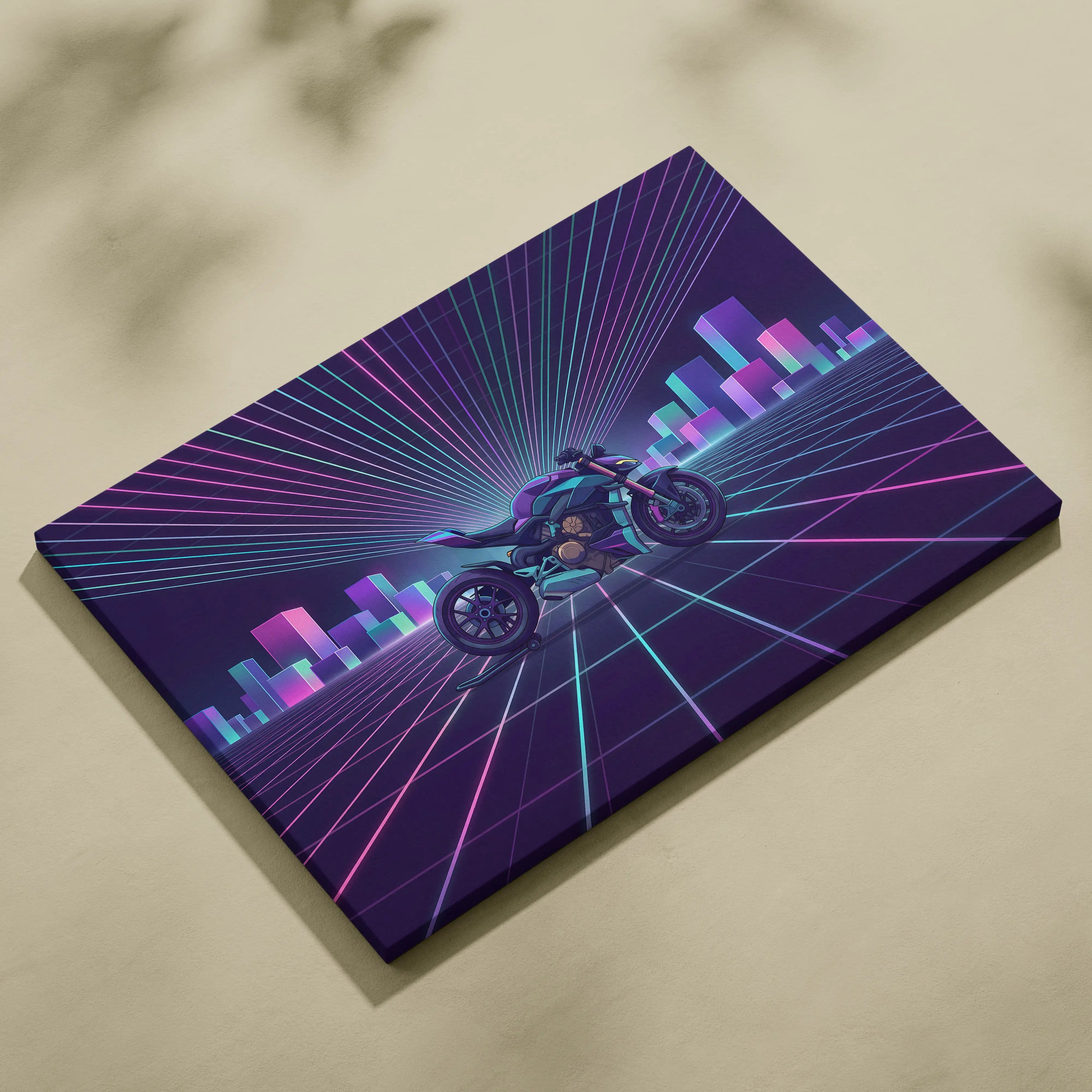Ducati Streetfighter V4 Inspired Teal Purple Motorcycle Canvas Wall Art Vaporwave Neon Grid Superbike Artwork for Garage Decor Retro Futuristic Print