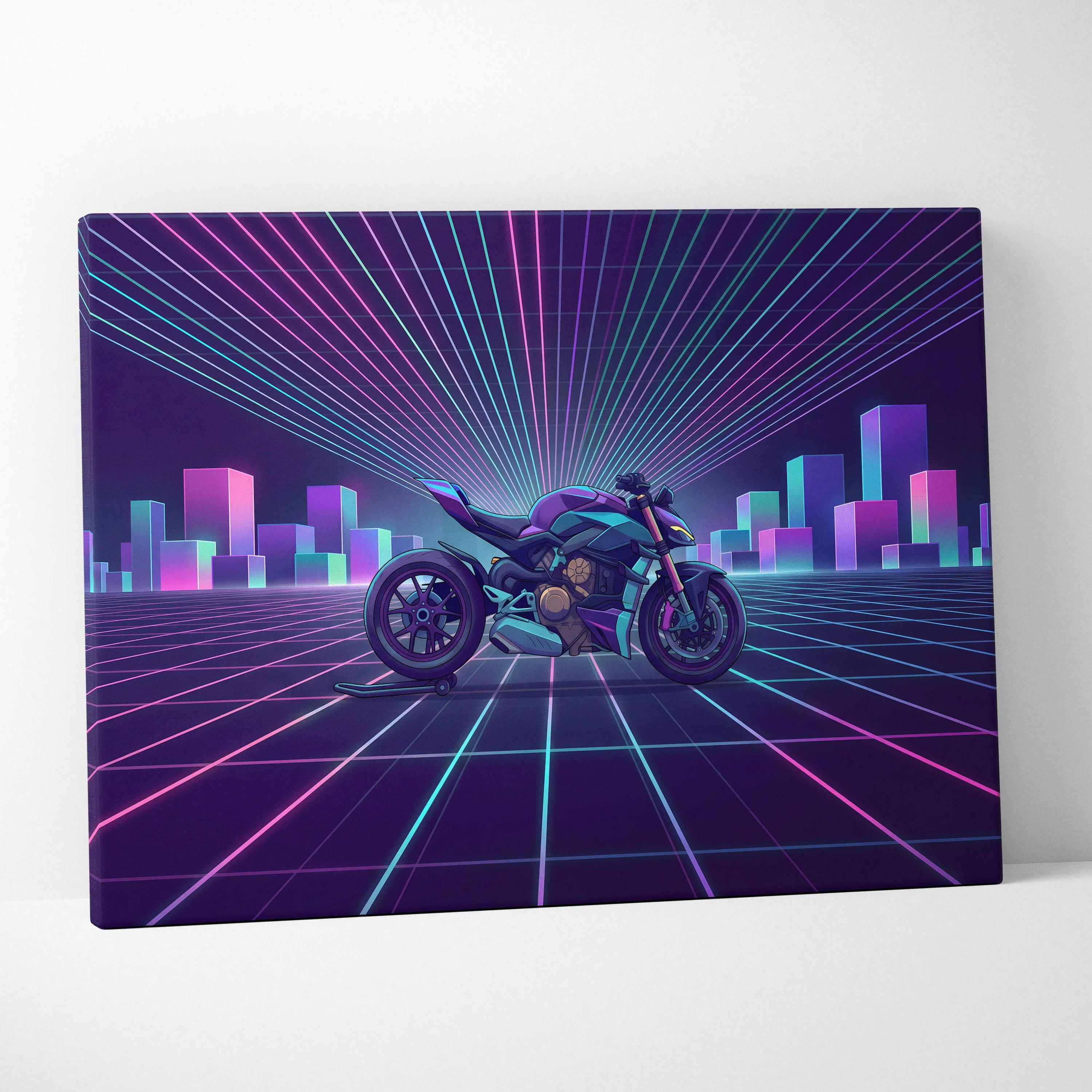 Ducati Streetfighter V4 Inspired Teal Purple Motorcycle Canvas Wall Art Vaporwave Neon Grid Superbike Artwork for Garage Decor Retro Futuristic Print