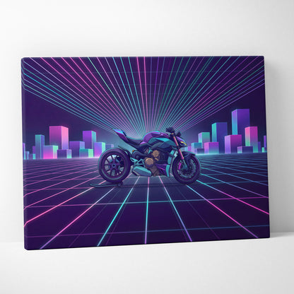 Ducati Streetfighter V4 Inspired Teal Purple Motorcycle Canvas Wall Art Vaporwave Neon Grid Superbike Artwork for Garage Decor Retro Futuristic Print