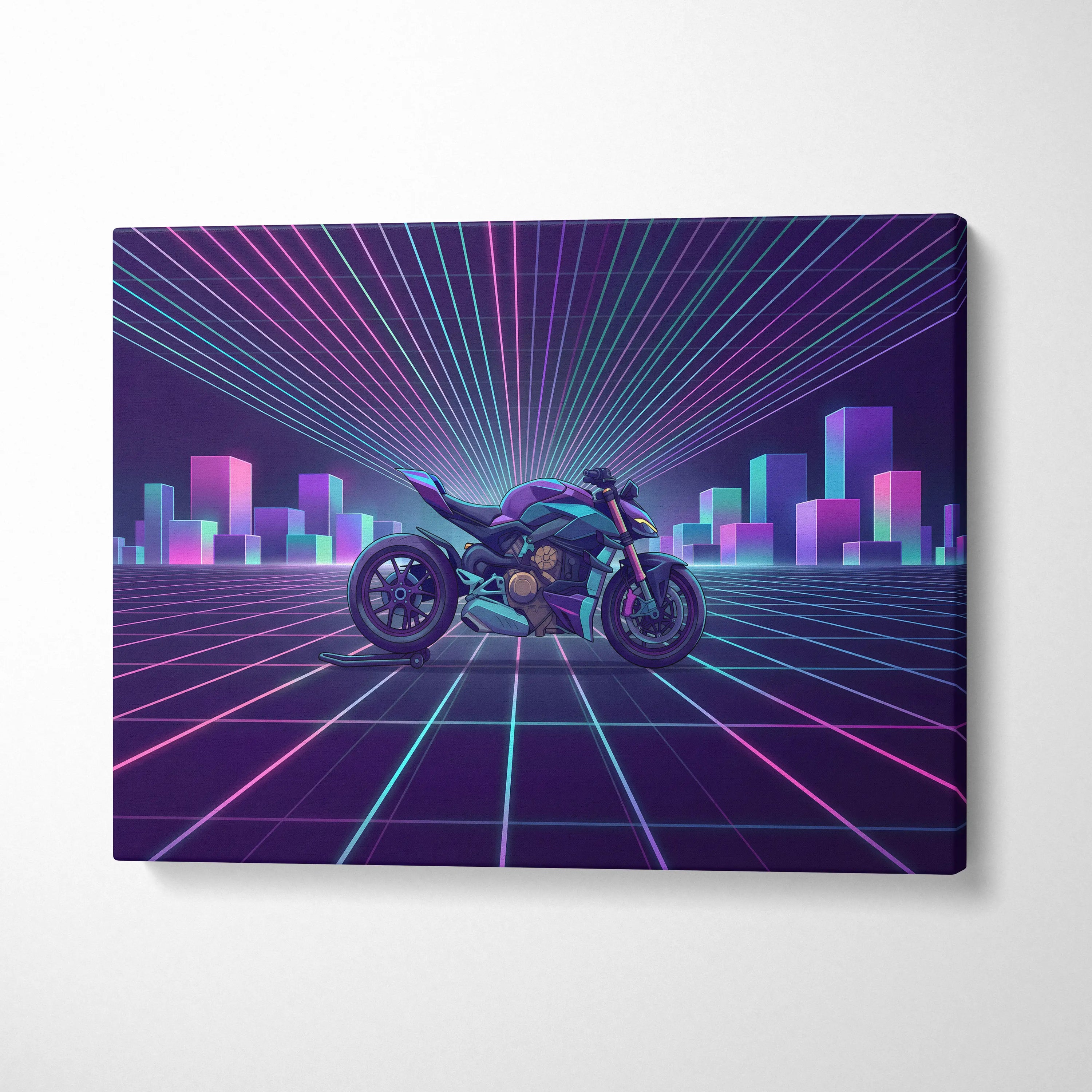 Ducati Streetfighter V4 Inspired Teal Purple Motorcycle Canvas Wall Art Vaporwave Neon Grid Superbike Artwork for Garage Decor Retro Futuristic Print