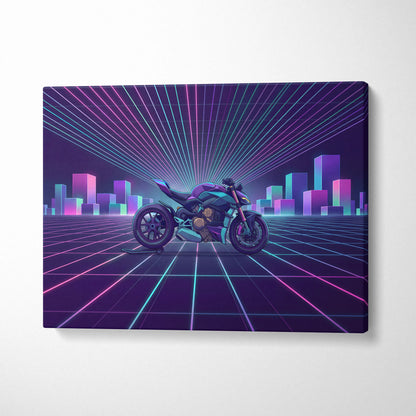 Ducati Streetfighter V4 Inspired Teal Purple Motorcycle Canvas Wall Art Vaporwave Neon Grid Superbike Artwork for Garage Decor Retro Futuristic Print