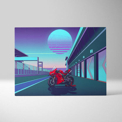 Ducati Panigale V4 Inspired Red Teal Motorcycle Canvas Wall Art Vaporwave Neon Sunset Sportbike Artwork for Garage Decor Retro Futuristic Print