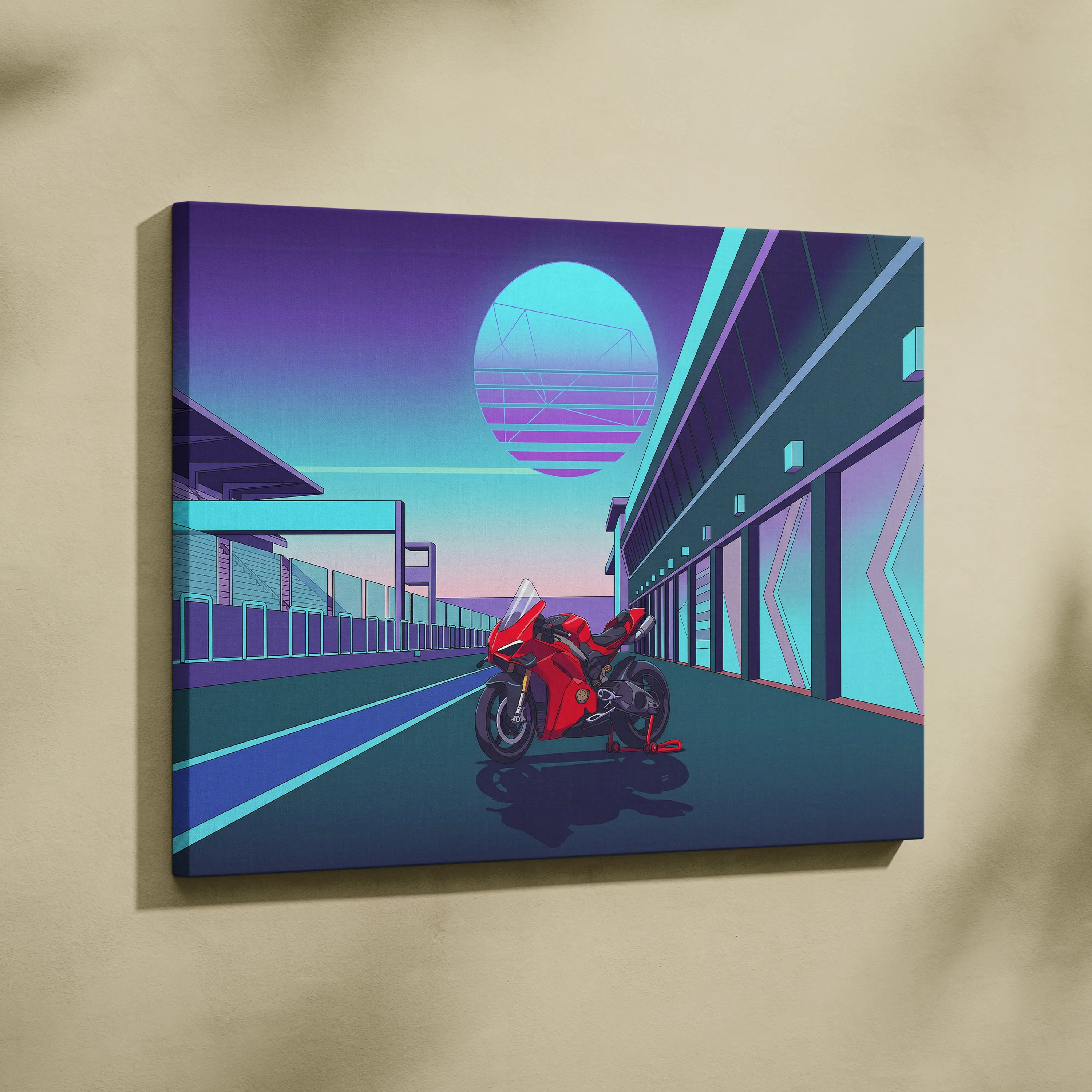Ducati Panigale V4 Inspired Red Teal Motorcycle Canvas Wall Art Vaporwave Neon Sunset Sportbike Artwork for Garage Decor Retro Futuristic Print