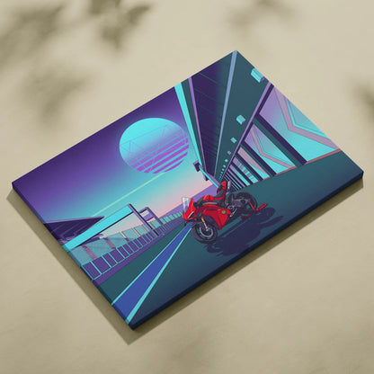 Ducati Panigale V4 Inspired Red Teal Motorcycle Canvas Wall Art Vaporwave Neon Sunset Sportbike Artwork for Garage Decor Retro Futuristic Print