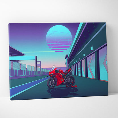 Ducati Panigale V4 Inspired Red Teal Motorcycle Canvas Wall Art Vaporwave Neon Sunset Sportbike Artwork for Garage Decor Retro Futuristic Print