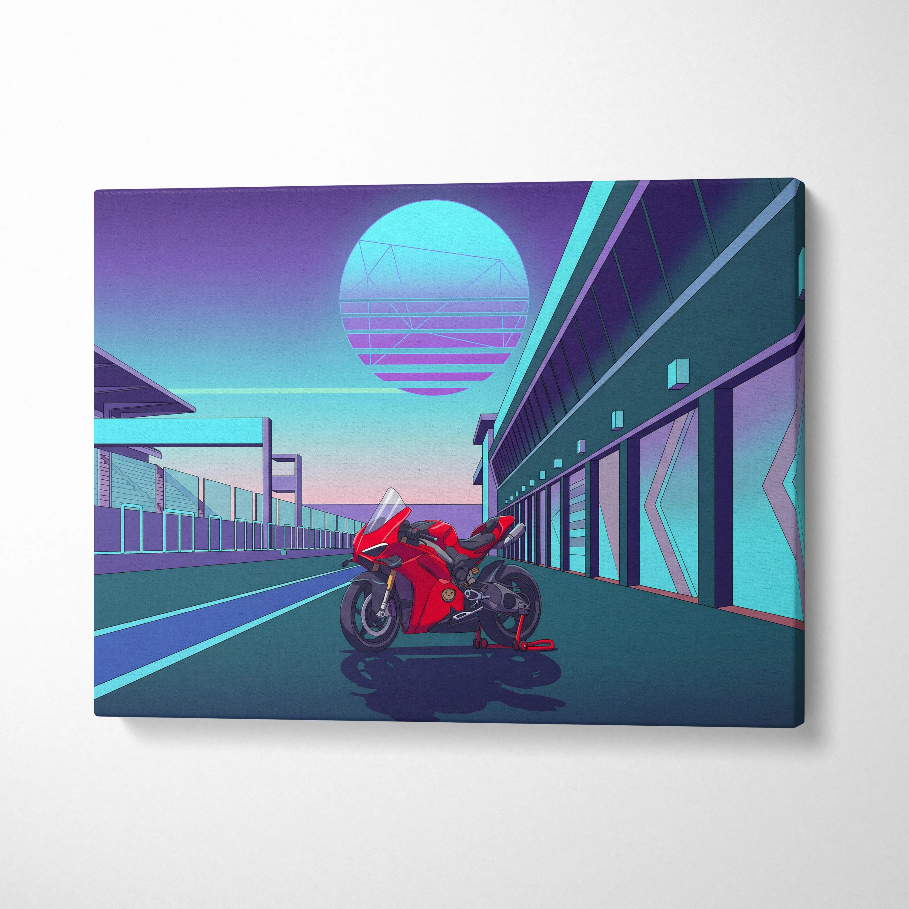 Ducati Panigale V4 Inspired Red Teal Motorcycle Canvas Wall Art Vaporwave Neon Sunset Sportbike Artwork for Garage Decor Retro Futuristic Print