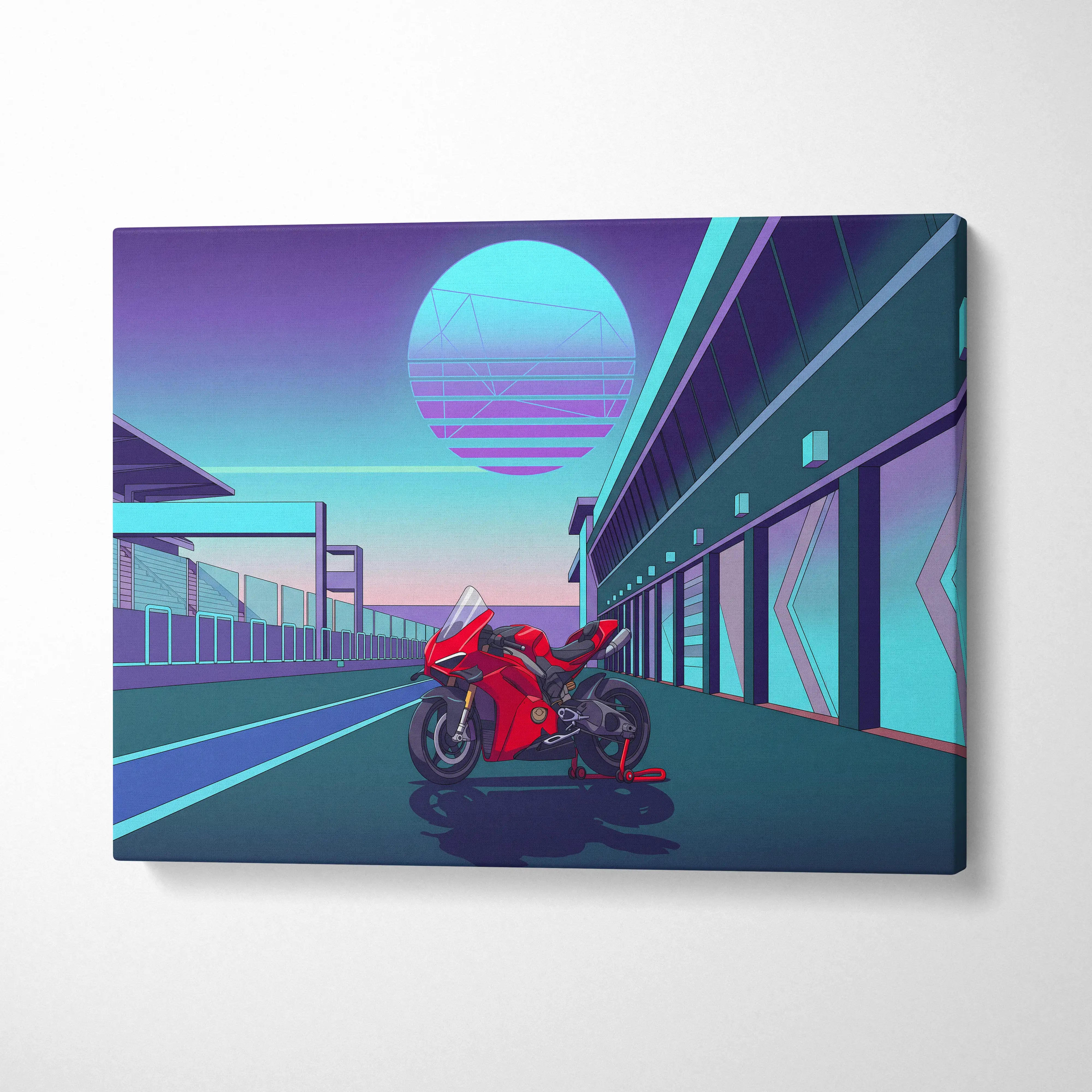 Ducati Panigale V4 Inspired Red Teal Motorcycle Canvas Wall Art Vaporwave Neon Sunset Sportbike Artwork for Garage Decor Retro Futuristic Print