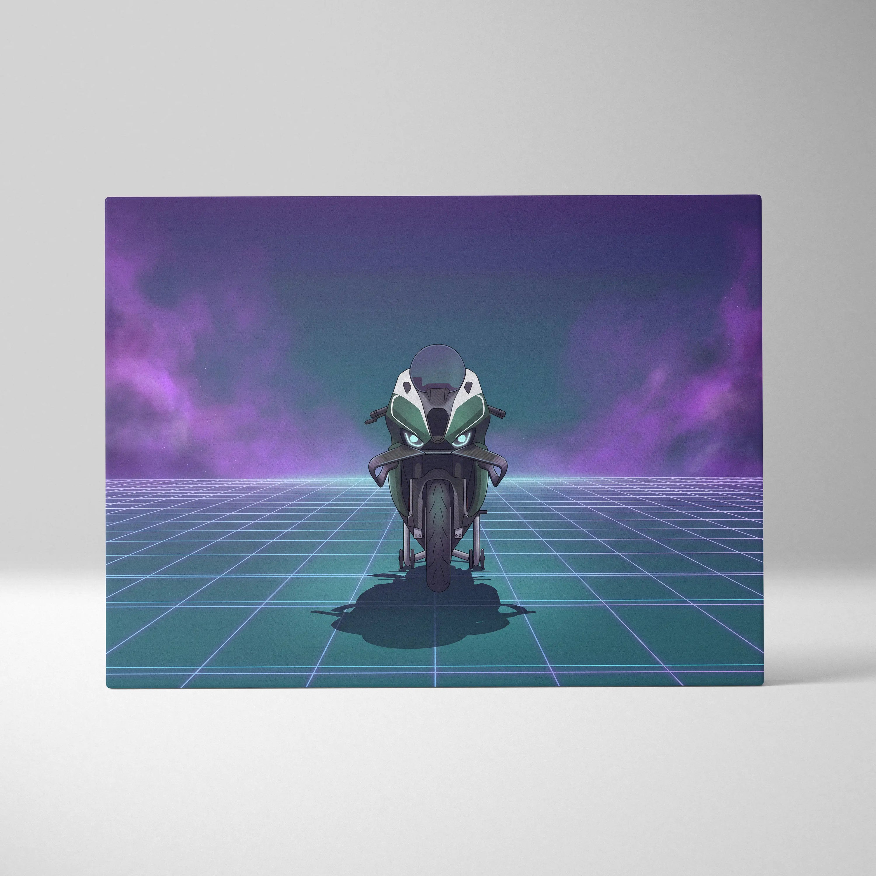 BMW M1000RR Inspired Green Teal Vaporwave Motorcycle Canvas Wall Art Neon Grid Sportbike Artwork Futuristic Garage Decor