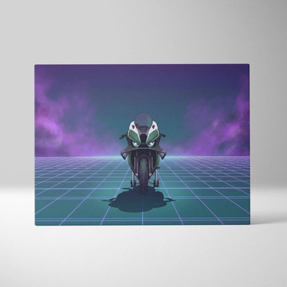 BMW M1000RR Inspired Green Teal Vaporwave Motorcycle Canvas Wall Art Neon Grid Sportbike Artwork Futuristic Garage Decor