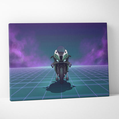 BMW M1000RR Inspired Green Teal Vaporwave Motorcycle Canvas Wall Art Neon Grid Sportbike Artwork Futuristic Garage Decor