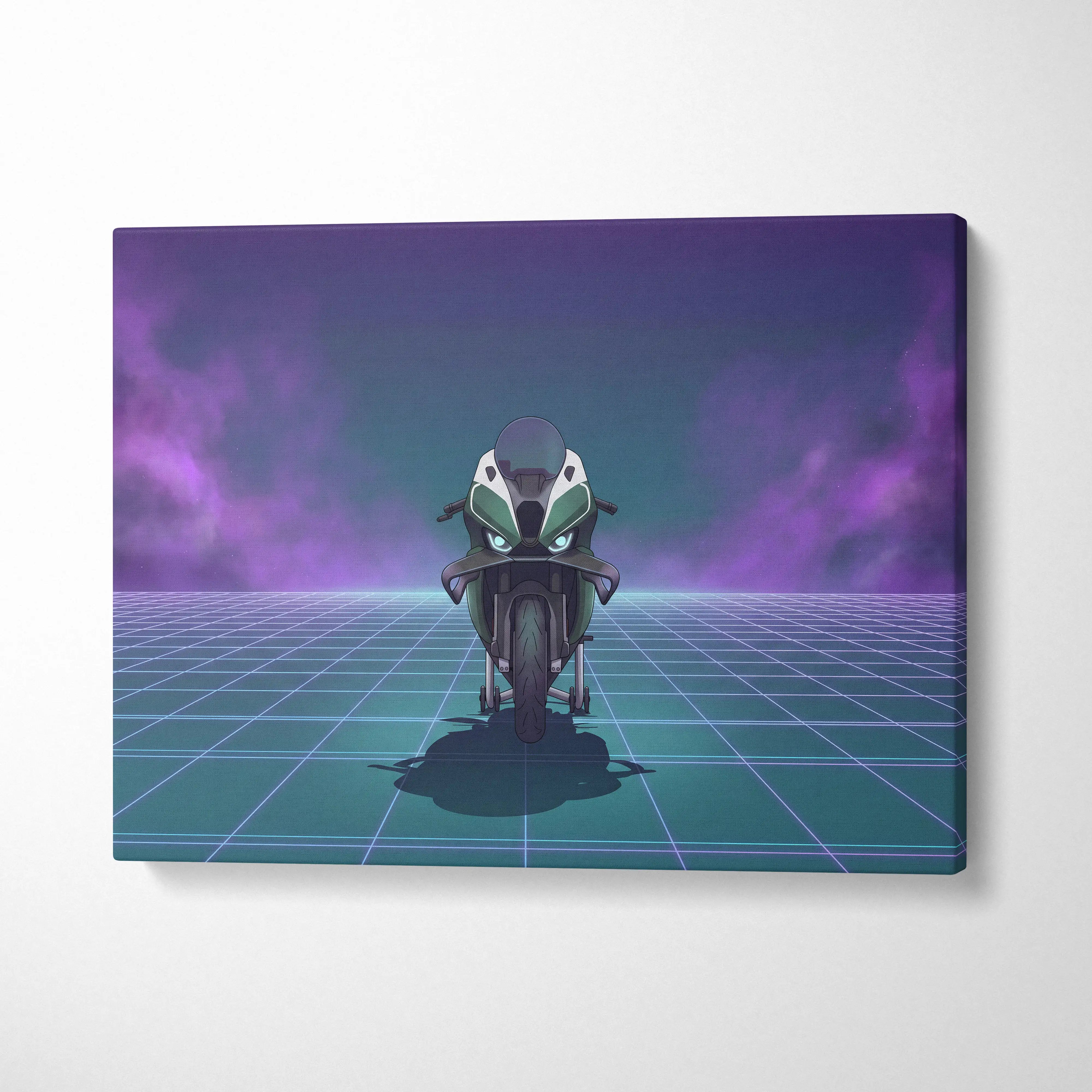BMW M1000RR Inspired Green Teal Vaporwave Motorcycle Canvas Wall Art Neon Grid Sportbike Artwork Futuristic Garage Decor