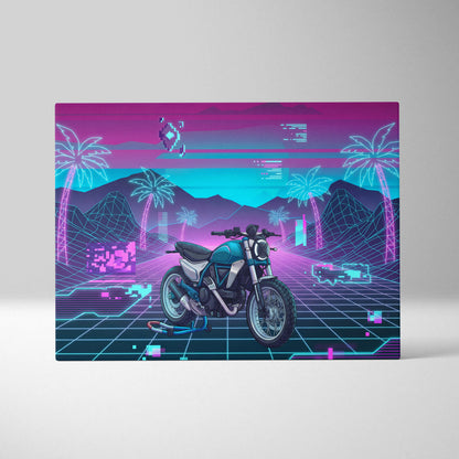 Ducati Scrambler Inspired Teal Pink Vaporwave Motorcycle Canvas Wall Art Neon Grid Retro Bike Artwork Cyberpunk Garage Decor